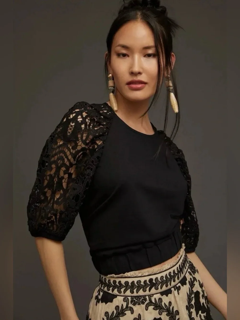 Anthropologie DOLAN Lace Puff Sleeve Crop Top
